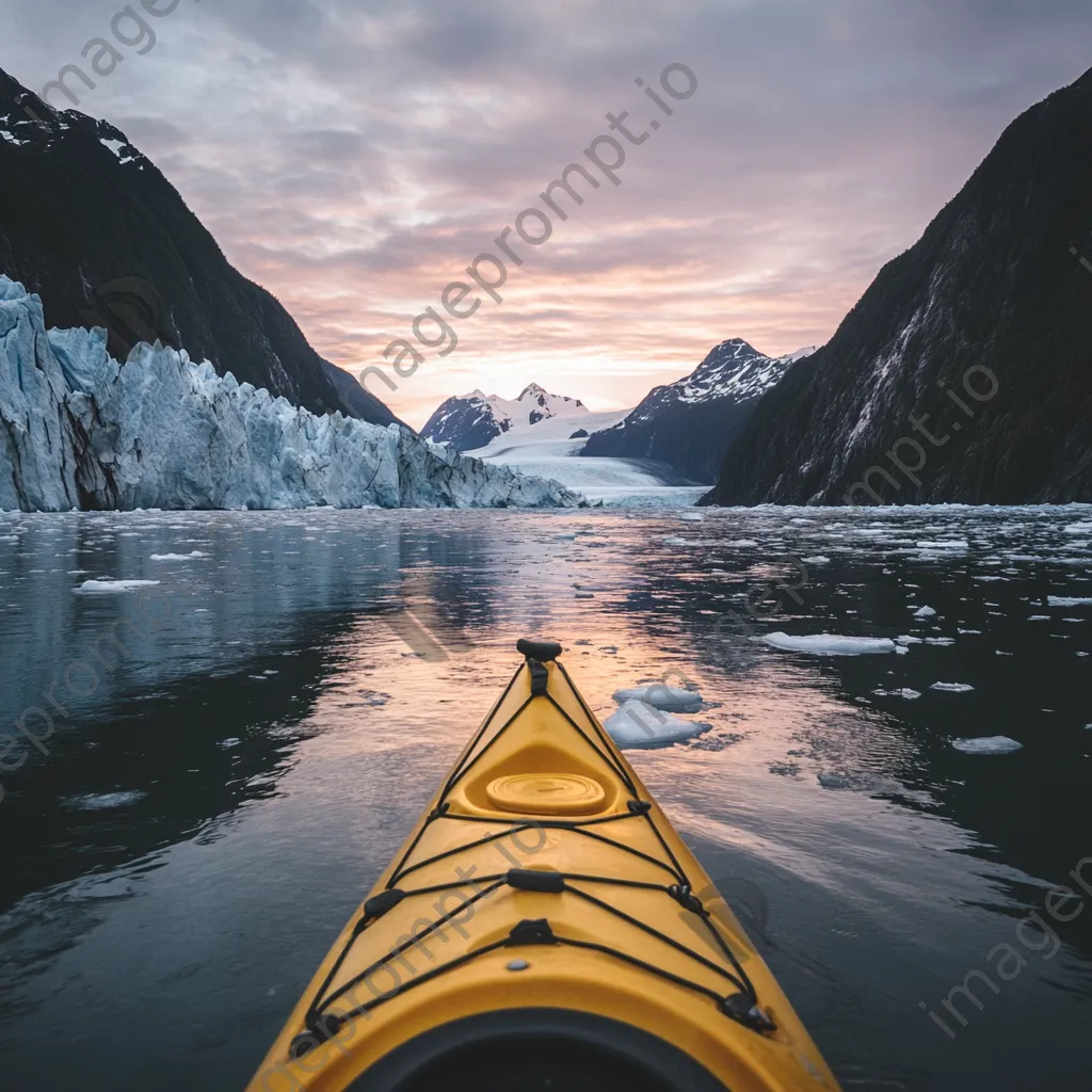 Kayak gliding through icy waters near towering glaciers - Image 1