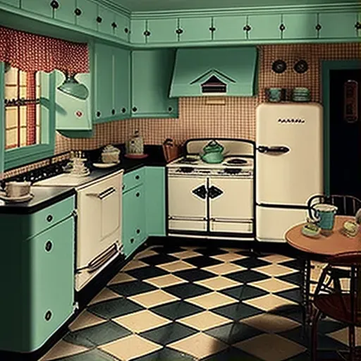 Image of a vintage American kitchen with formica countertops and a checkered floor - Image 1