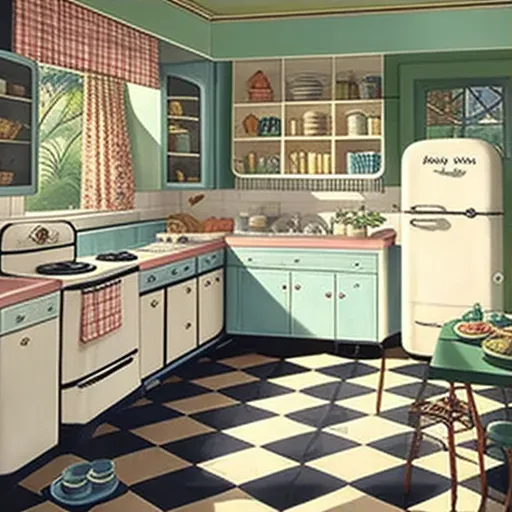 Image of a vintage American kitchen with formica countertops and a checkered floor - Image 3