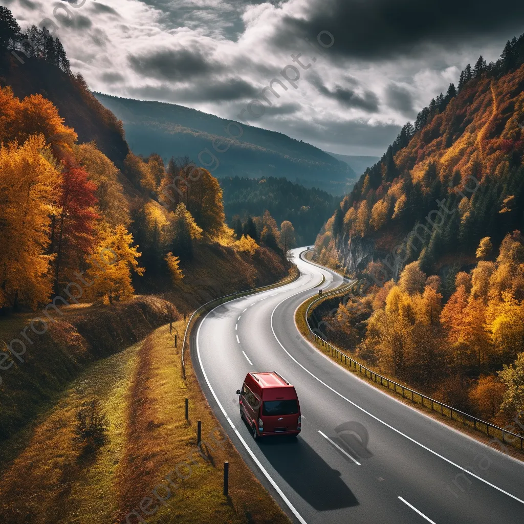 Stylish van parked along a winding road covered in autumn leaves - Image 1