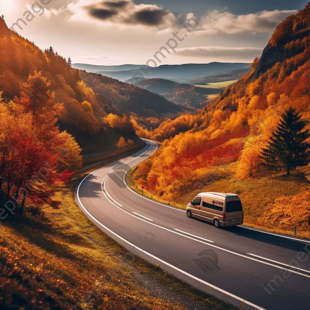 Stylish van parked along a winding road covered in autumn leaves - Image 2