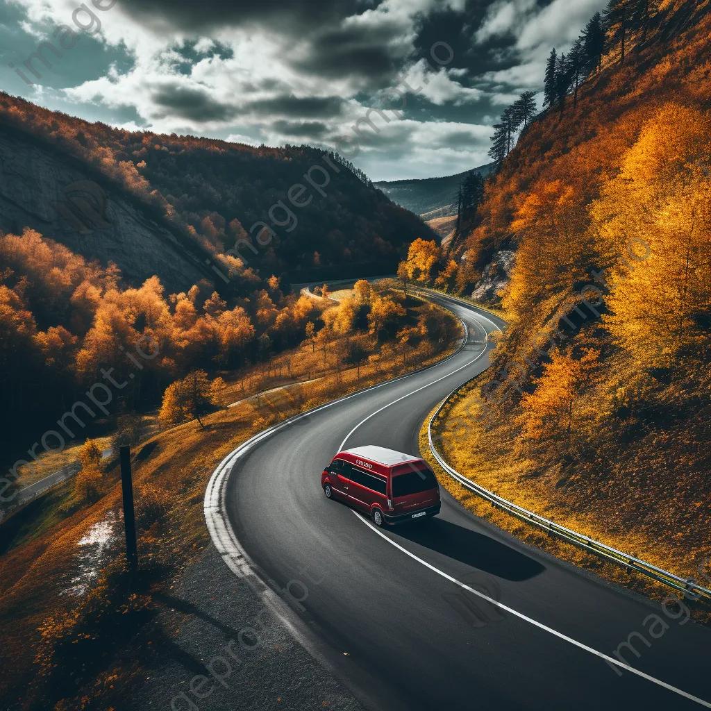 Stylish van parked along a winding road covered in autumn leaves - Image 3