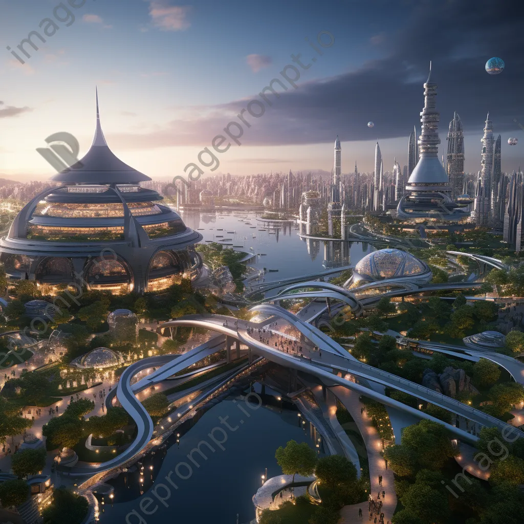 Panoramic view of a futuristic city at dawn - Image 1