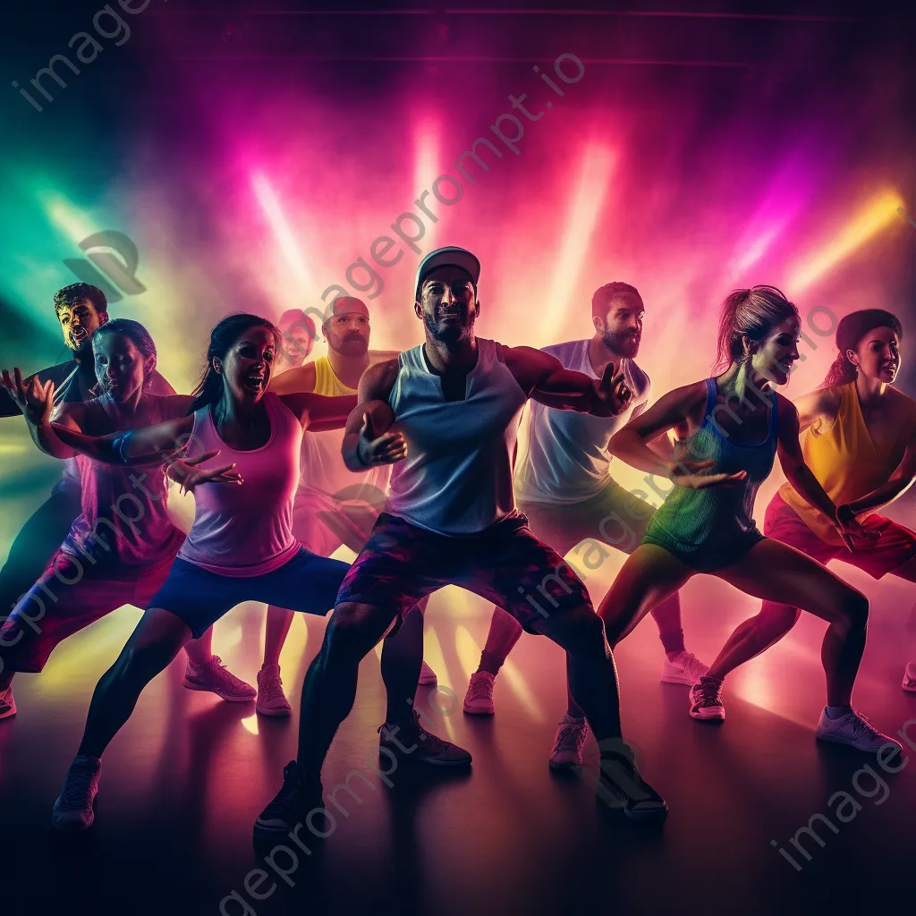 Participants engaged in an energetic HIIT class with colorful lighting. - Image 1