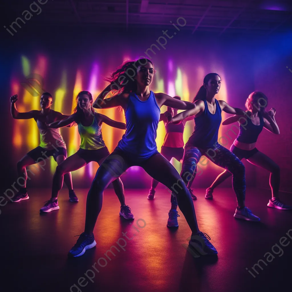 Participants engaged in an energetic HIIT class with colorful lighting. - Image 2