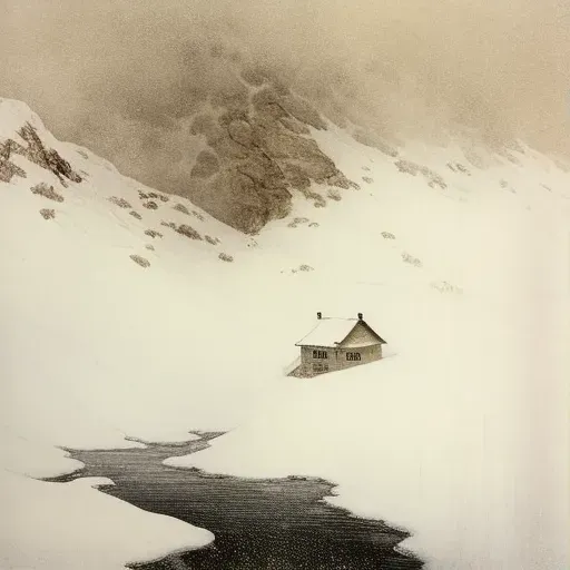 Avalanche descending towards small cabin in snowy mountain - Image 1