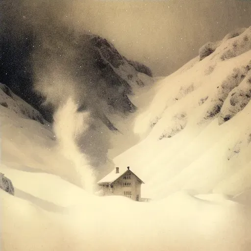 Avalanche descending towards small cabin in snowy mountain - Image 4