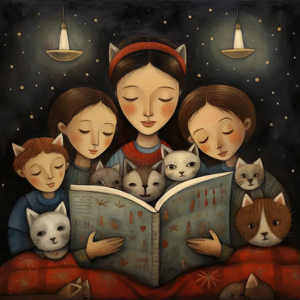 Illustration of a family of animals listening to bedtime stories in a cozy setting - Image 1