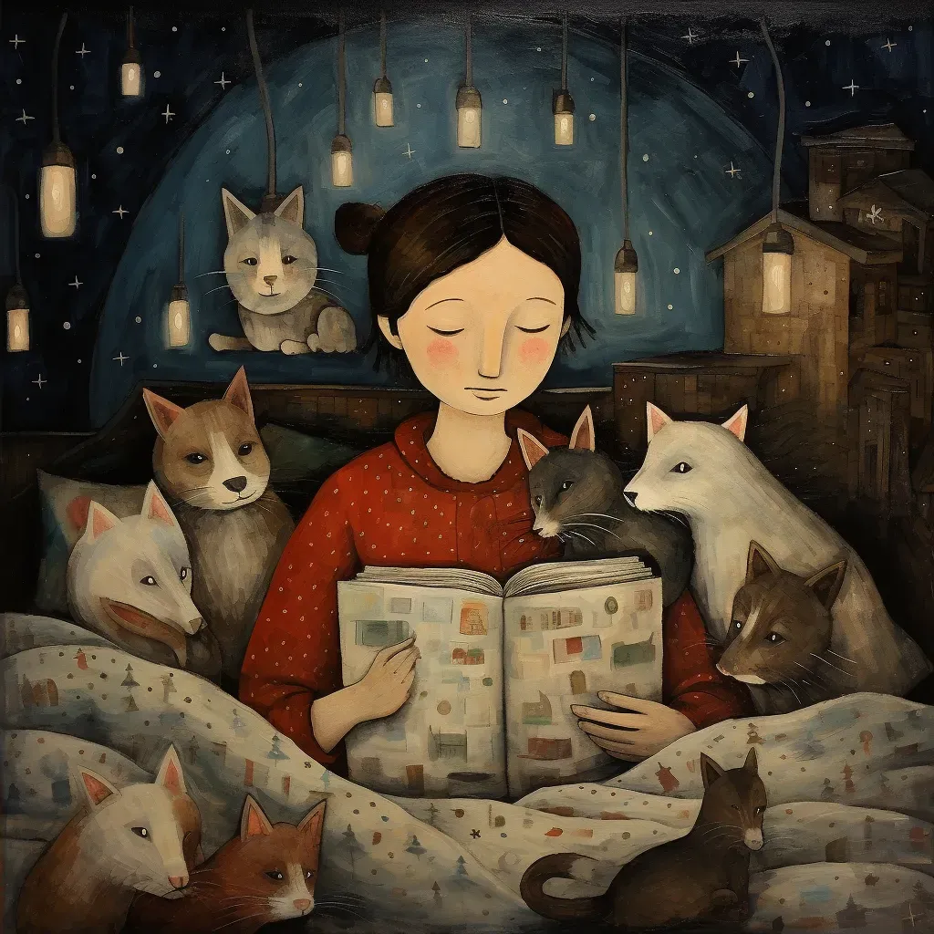 Illustration of a family of animals listening to bedtime stories in a cozy setting - Image 2