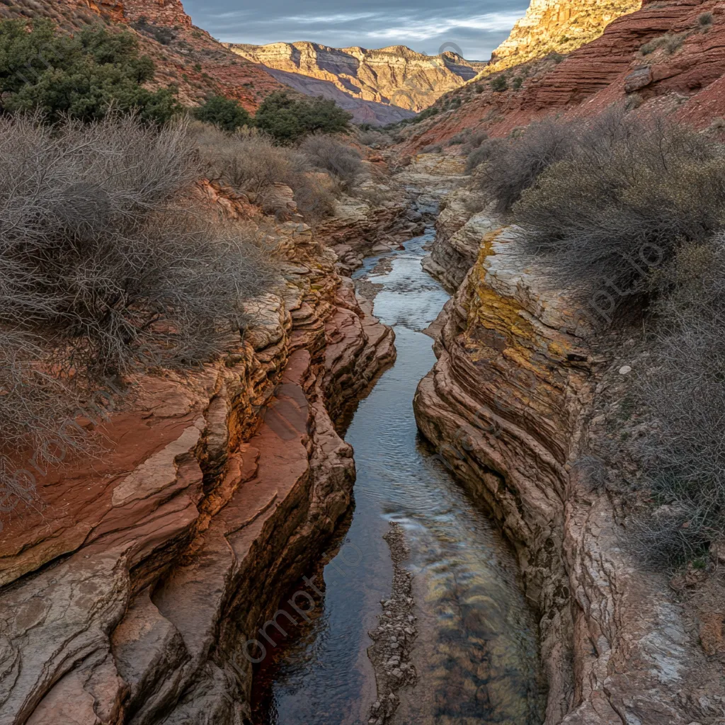 Meandering mountain stream flowing through colorful canyon with red rock layers. - Image 1