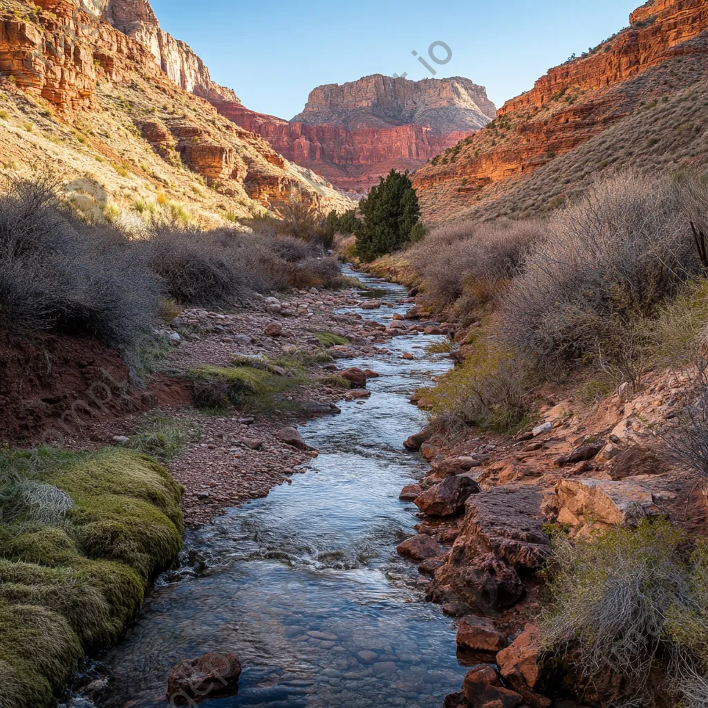 Meandering mountain stream flowing through colorful canyon with red rock layers. - Image 2