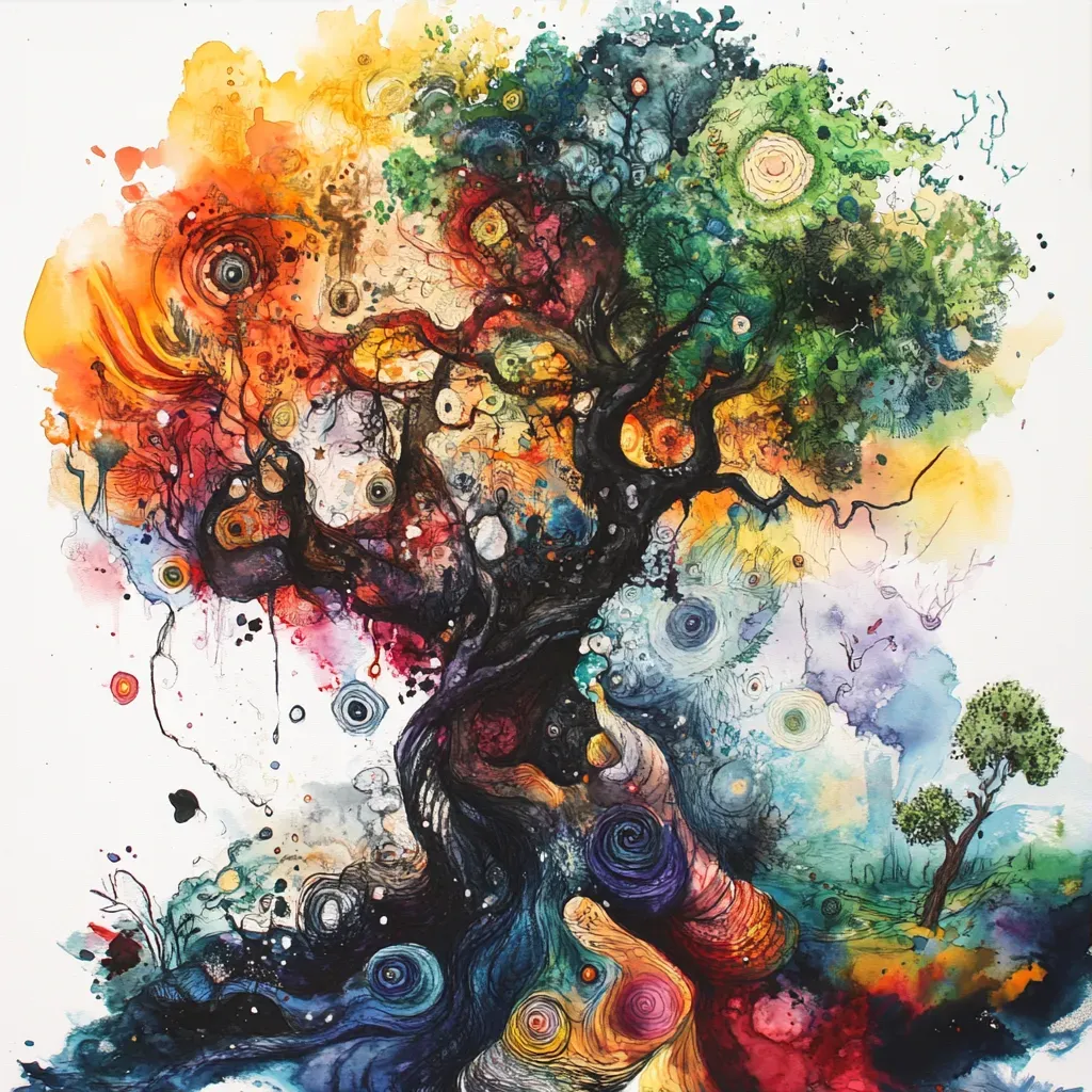 Massive tree with roots woven with dreams and nightmares, blending watercolor and ink techniques - Image 3