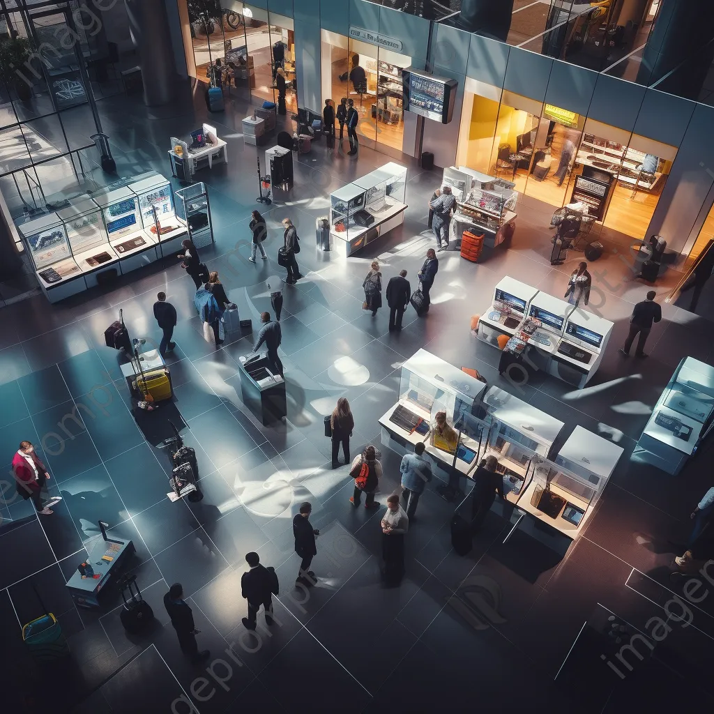 Overhead view of busy airport security checkpoint. - Image 1