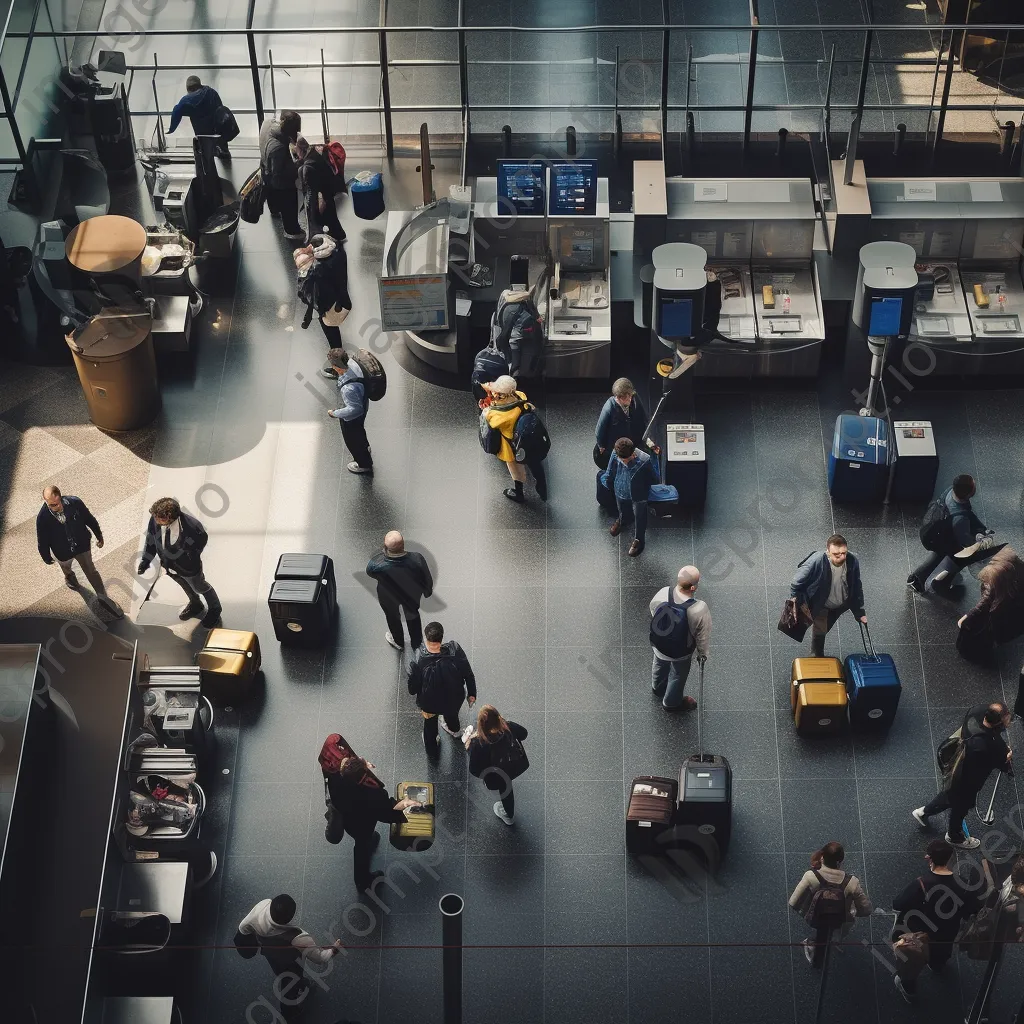 Overhead view of busy airport security checkpoint. - Image 4