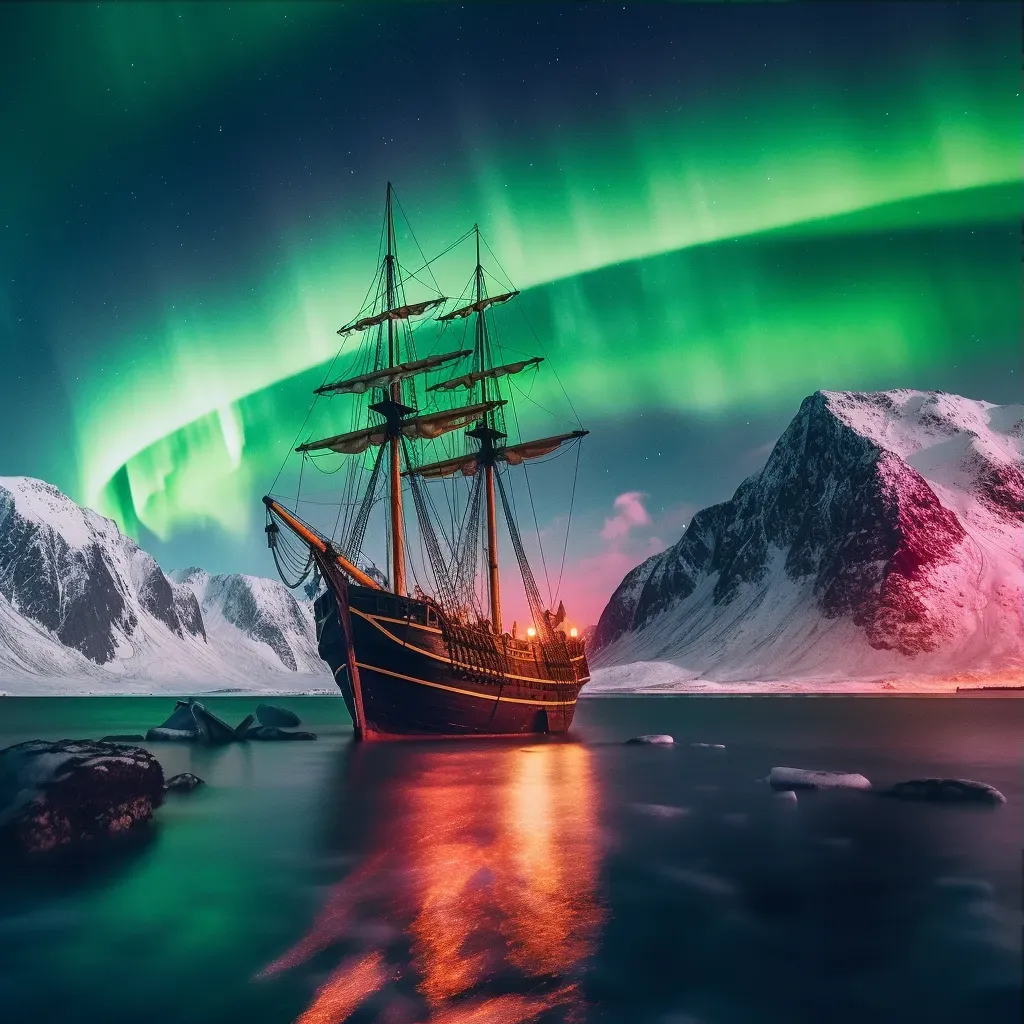 Viking longships under Northern Lights - Image 3