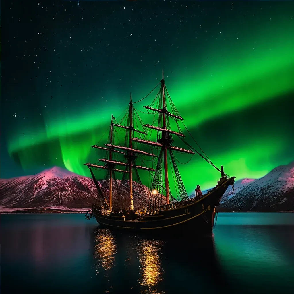 Viking longships under Northern Lights - Image 4