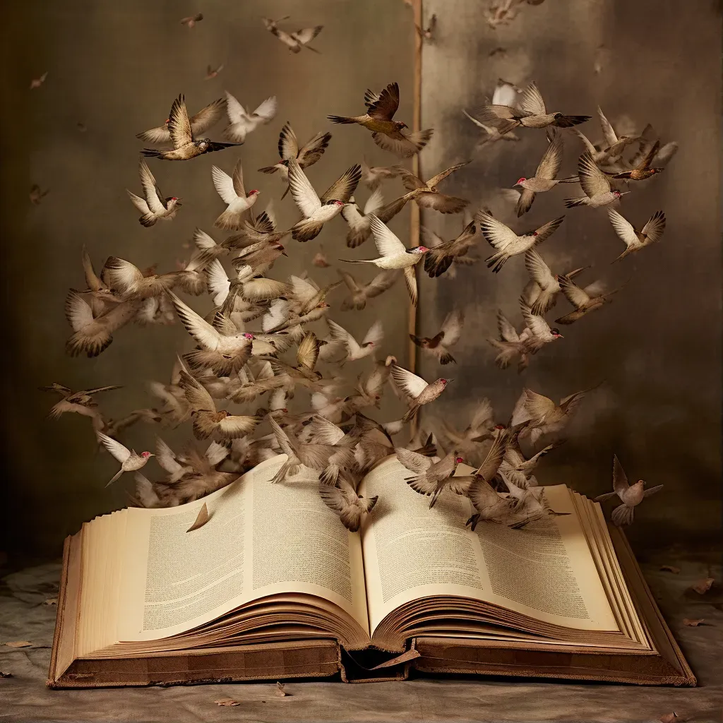 Open antique book with pages transforming into flying birds - Image 1