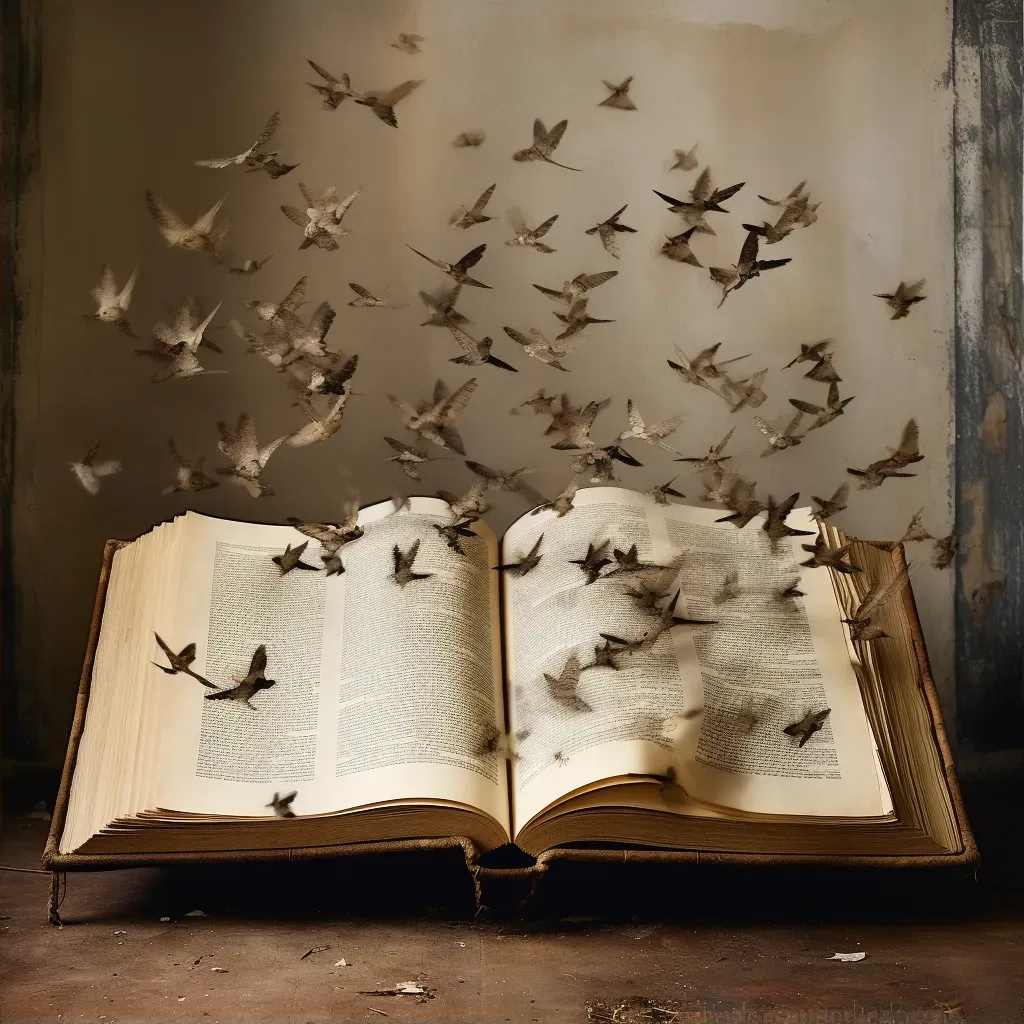 Open antique book with pages transforming into flying birds - Image 2