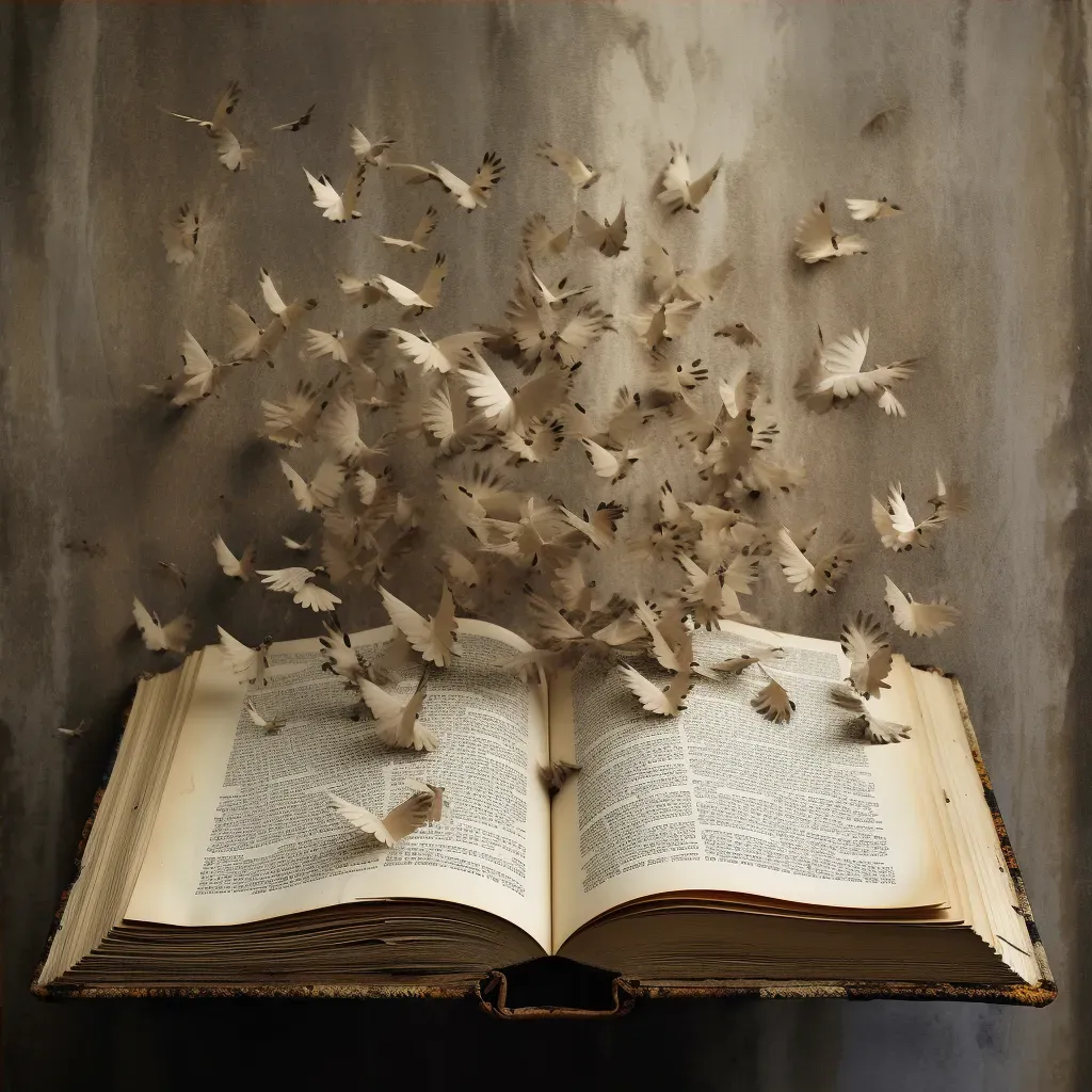 Open antique book with pages transforming into flying birds - Image 4