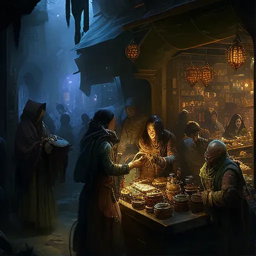 Underworld marketplace with spectral vendors and stalls selling mystical objects - Image 1