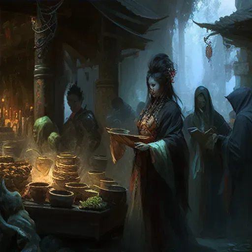 Underworld marketplace with spectral vendors and stalls selling mystical objects - Image 4