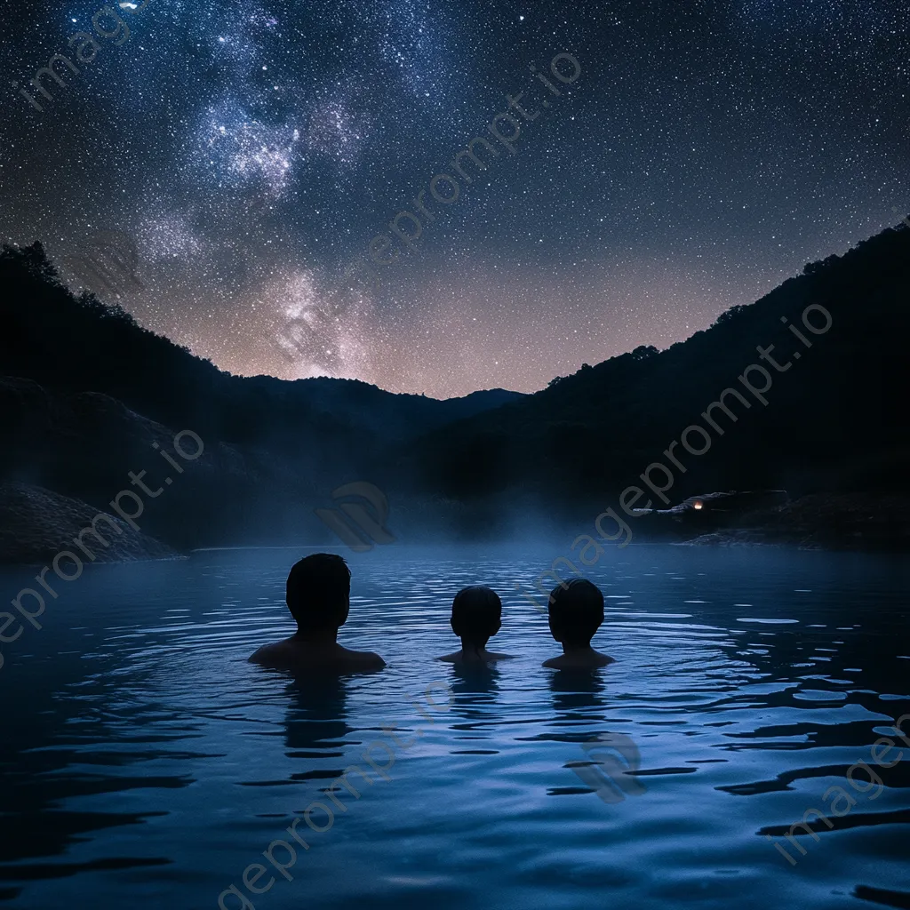 A family enjoying a thermal spring under a starlit sky at night. - Image 2