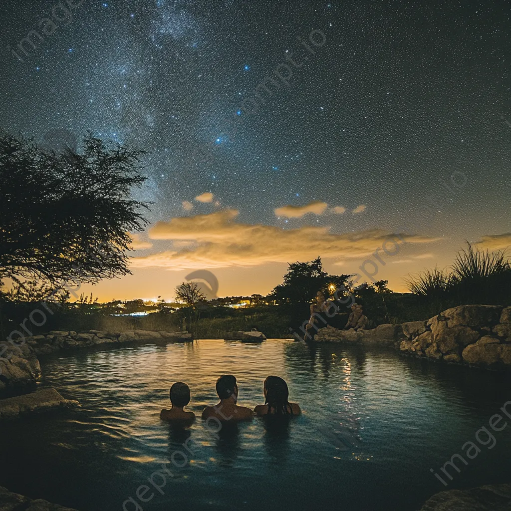 A family enjoying a thermal spring under a starlit sky at night. - Image 3