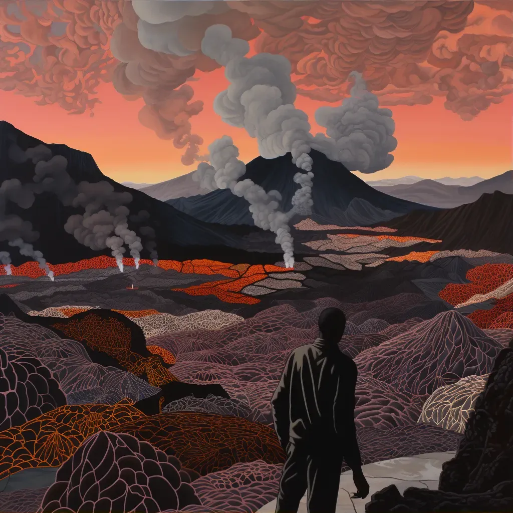 Volcanic landscape with lava fields and smoking volcano - Image 1