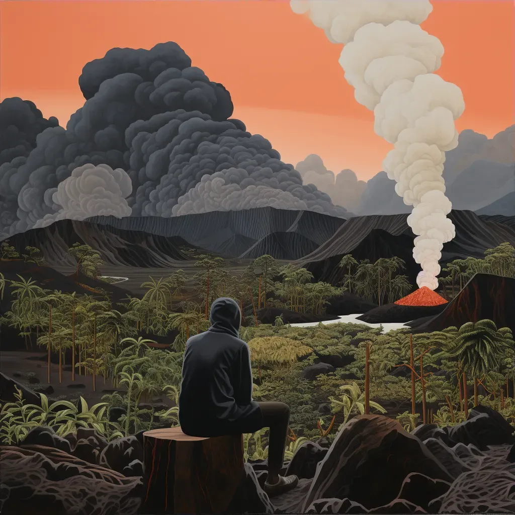 Volcanic landscape with lava fields and smoking volcano - Image 3