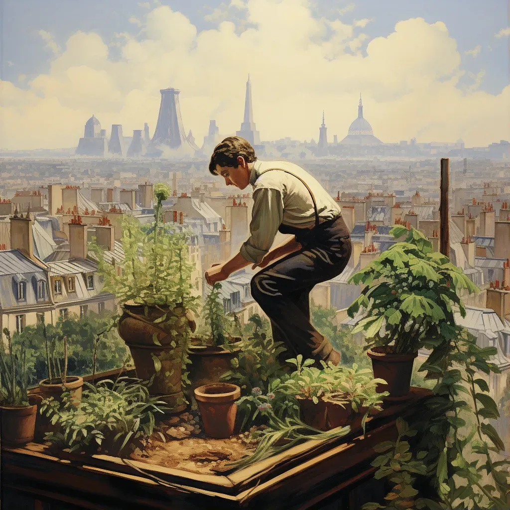 Man planting rooftop garden with skyscrapers in the background - Image 1