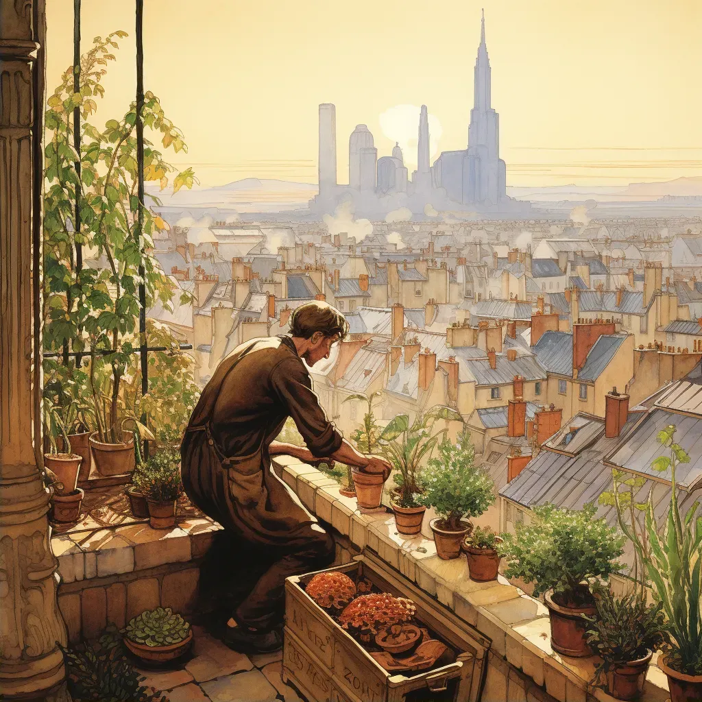 Man planting rooftop garden with skyscrapers in the background - Image 2