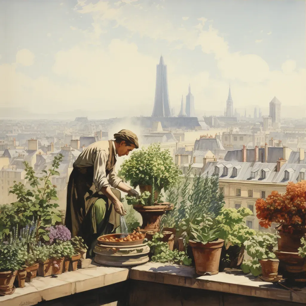 Man planting rooftop garden with skyscrapers in the background - Image 3