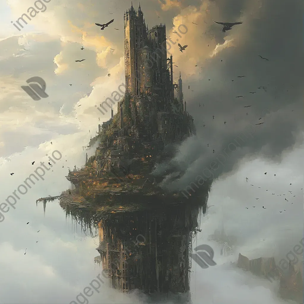 Steampunk styled tower of a wizard on a floating island amidst mechanical birds - Image 1