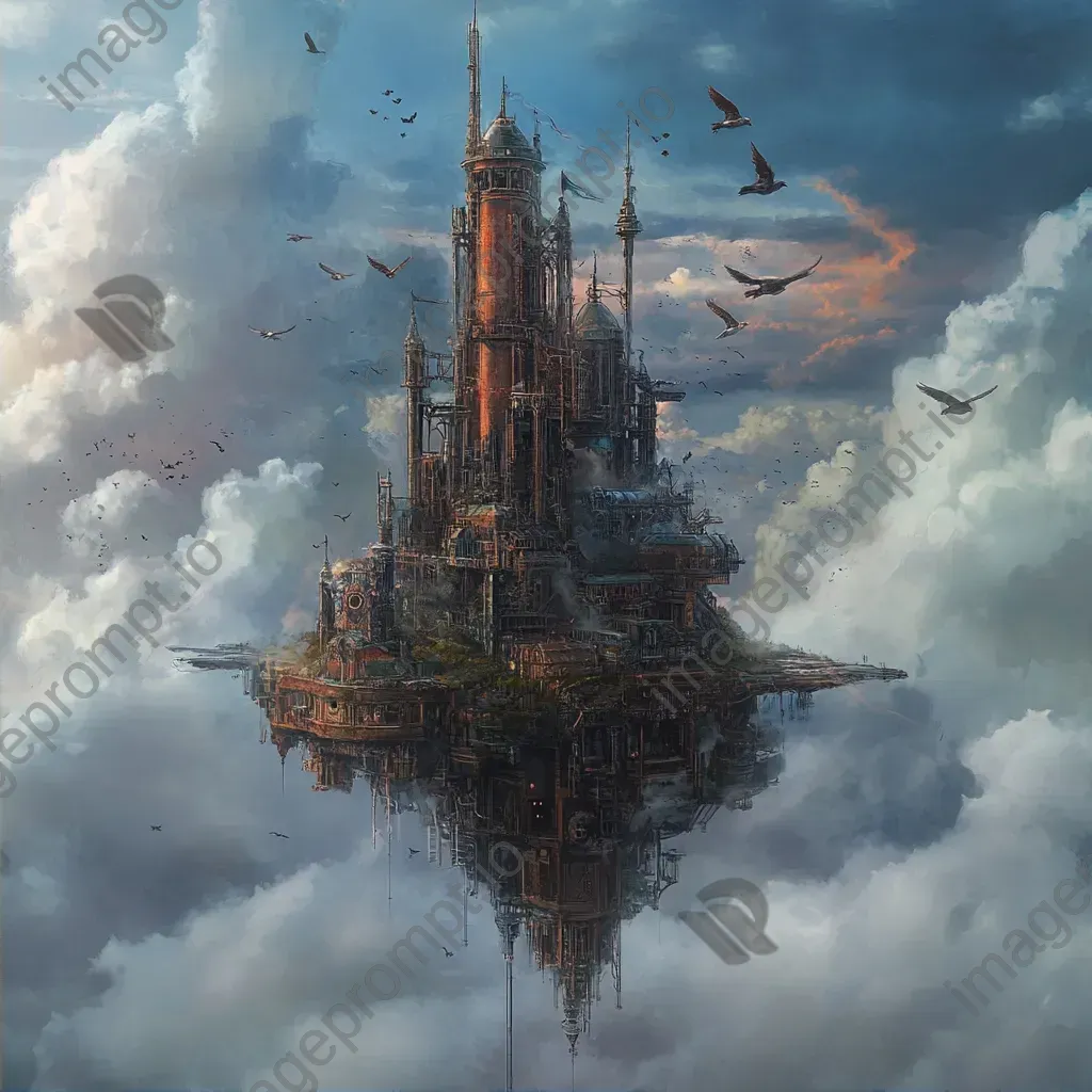 Steampunk styled tower of a wizard on a floating island amidst mechanical birds - Image 2