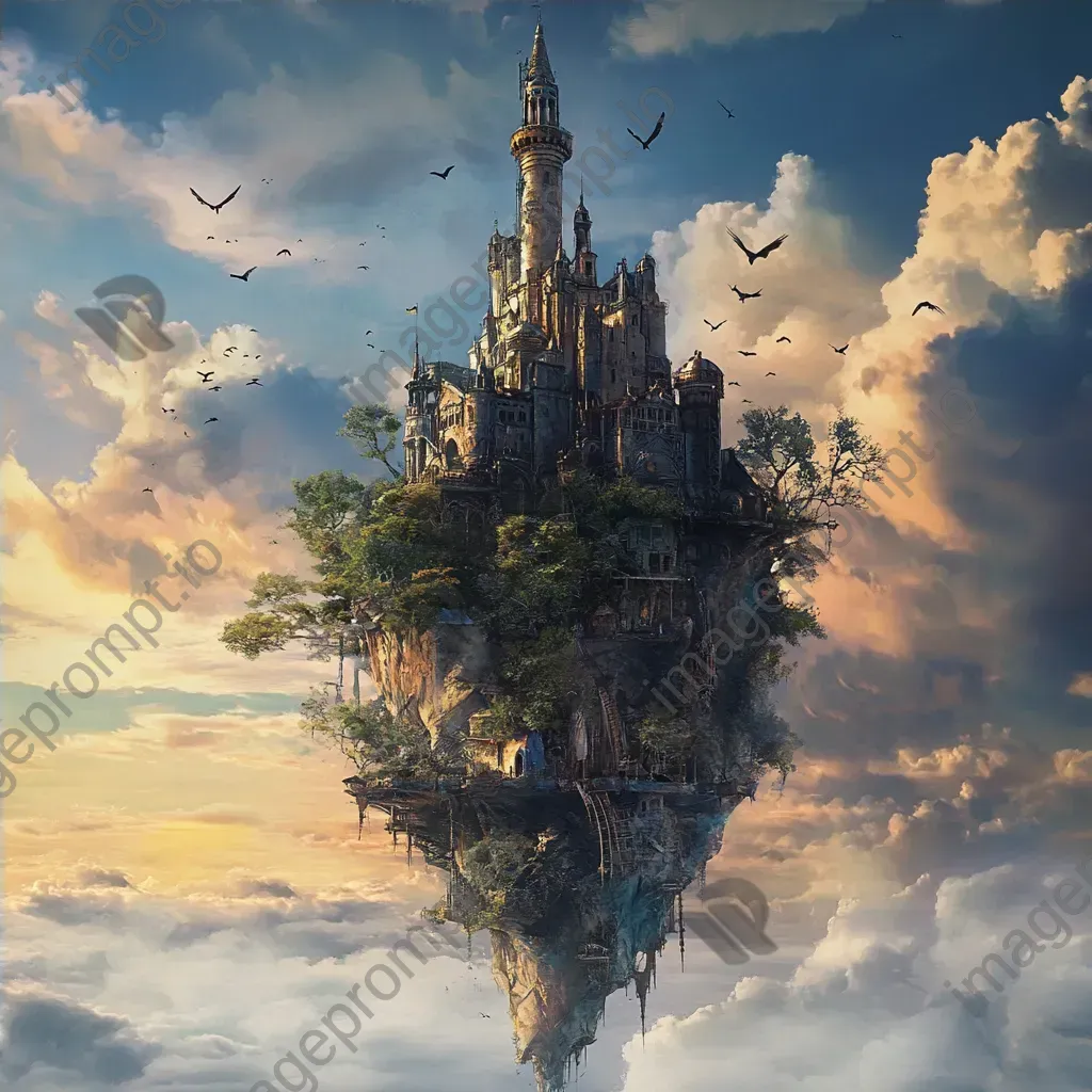 Steampunk styled tower of a wizard on a floating island amidst mechanical birds - Image 4