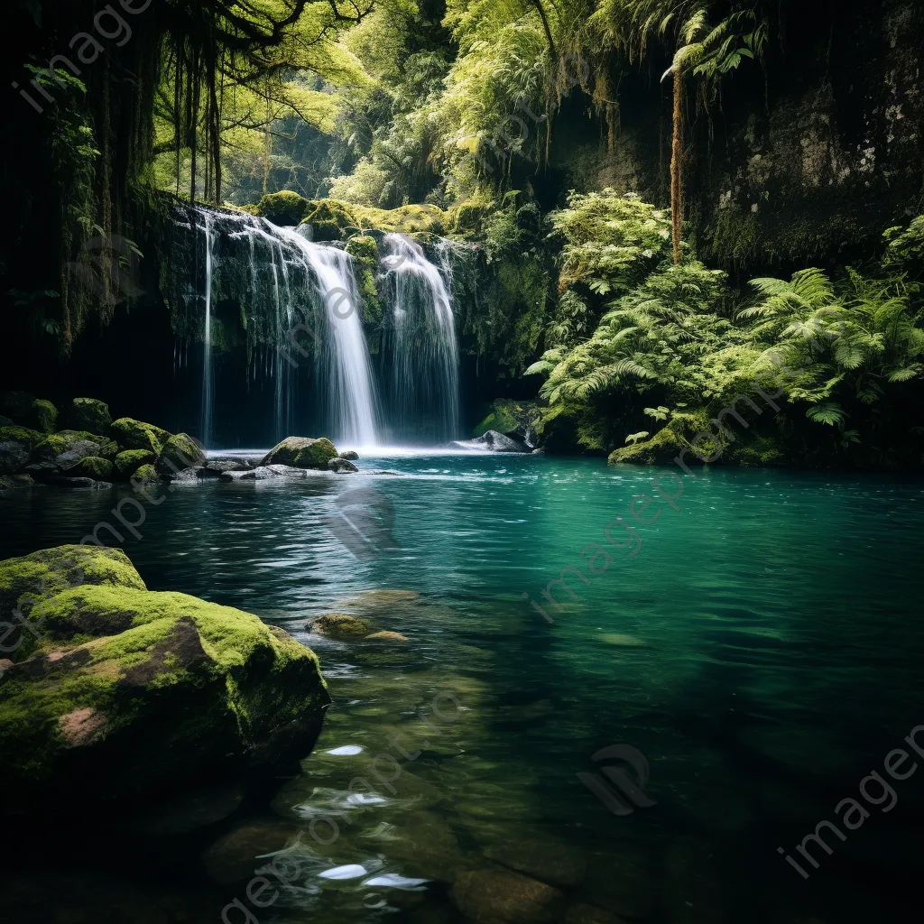 Hidden waterfall pouring into a turquoise lagoon surrounded by plants - Image 1