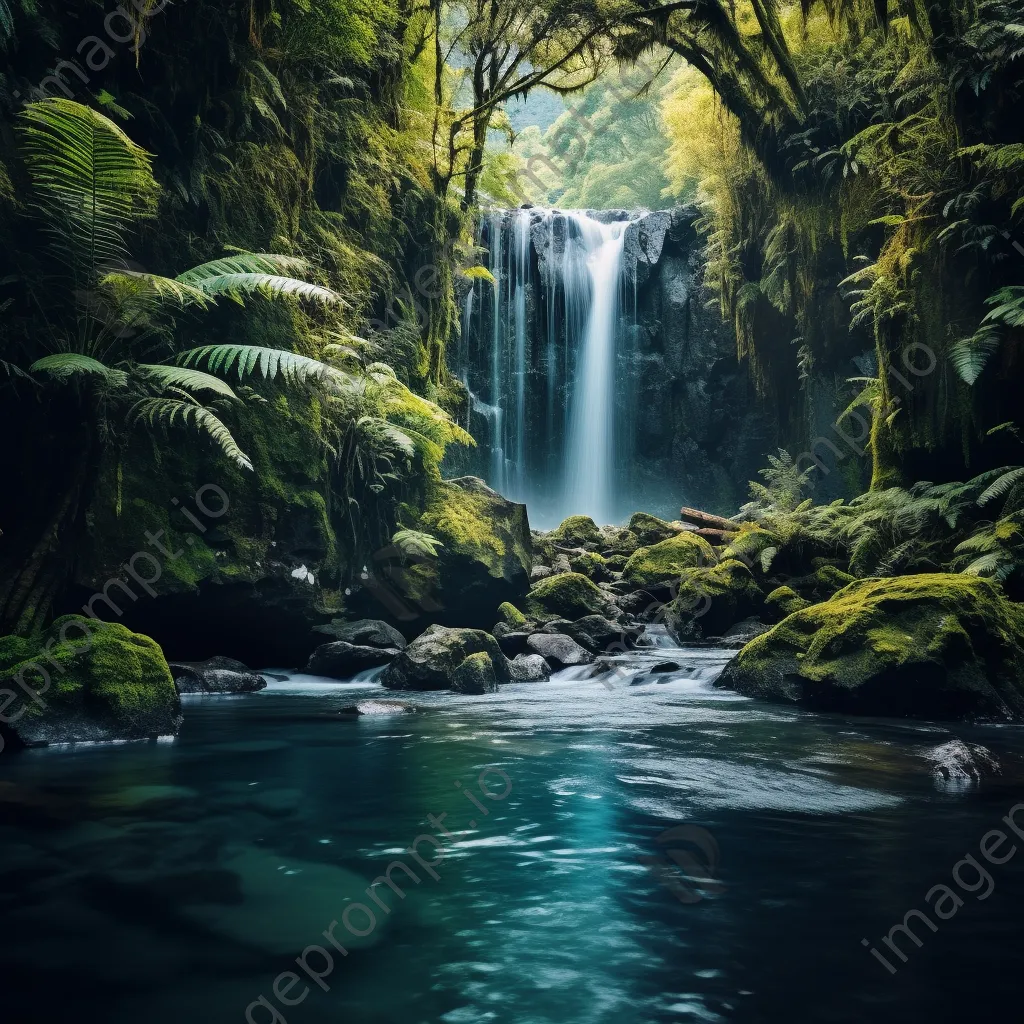 Hidden waterfall pouring into a turquoise lagoon surrounded by plants - Image 2