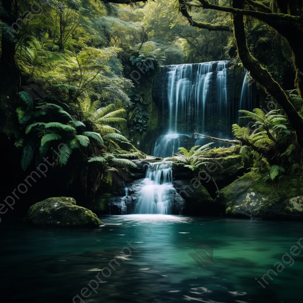 Hidden waterfall pouring into a turquoise lagoon surrounded by plants - Image 3