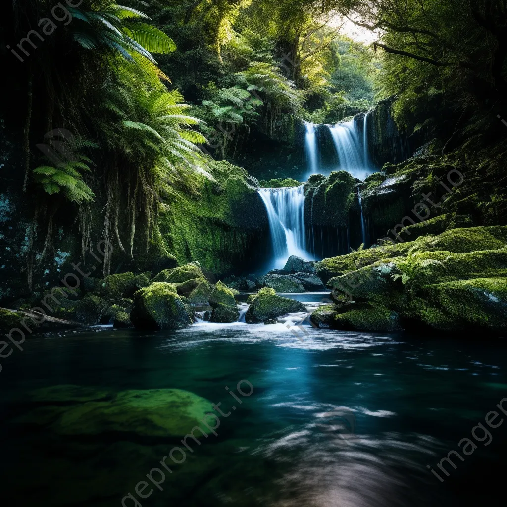 Hidden waterfall pouring into a turquoise lagoon surrounded by plants - Image 4