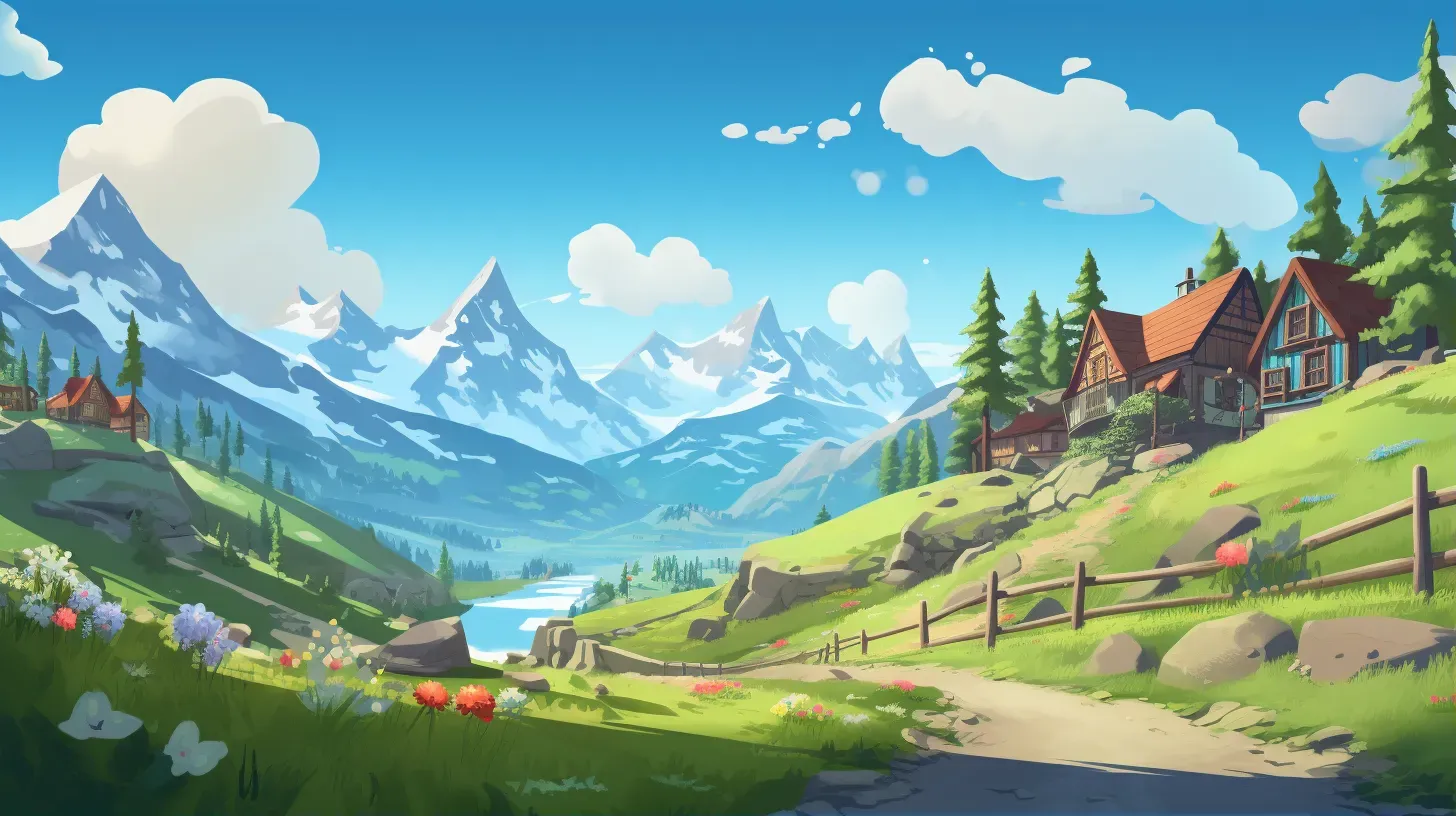 Mountain Town Spring Low Poly Scene