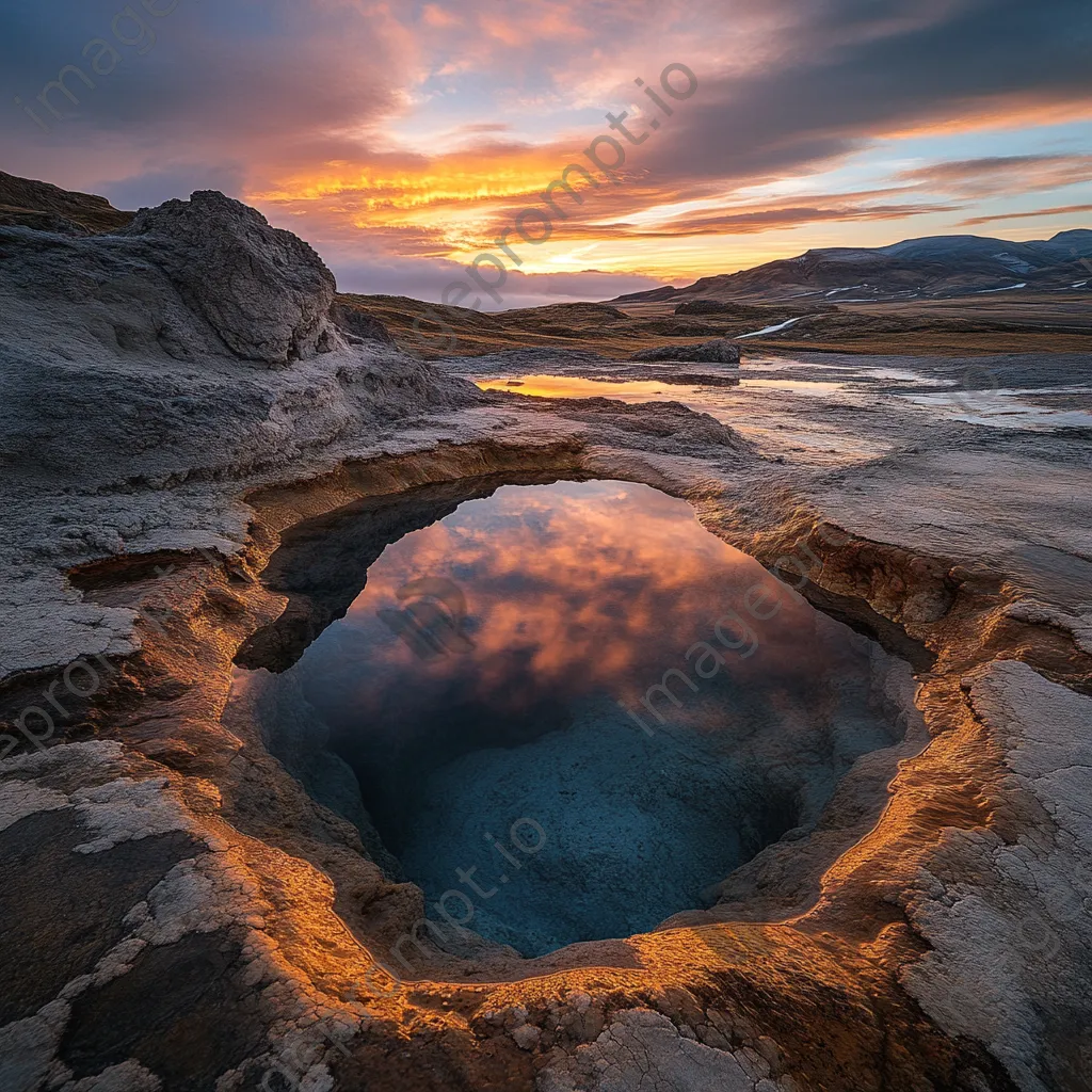 A geothermal pool at sunset reflecting warm colors with rocky formations surrounding it. - Image 1