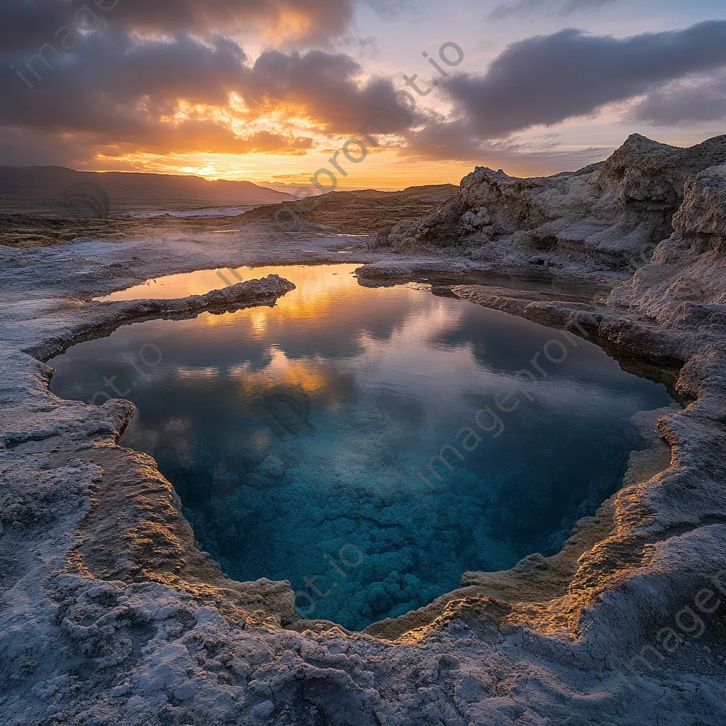 A geothermal pool at sunset reflecting warm colors with rocky formations surrounding it. - Image 2