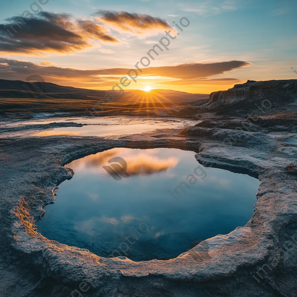 A geothermal pool at sunset reflecting warm colors with rocky formations surrounding it. - Image 3