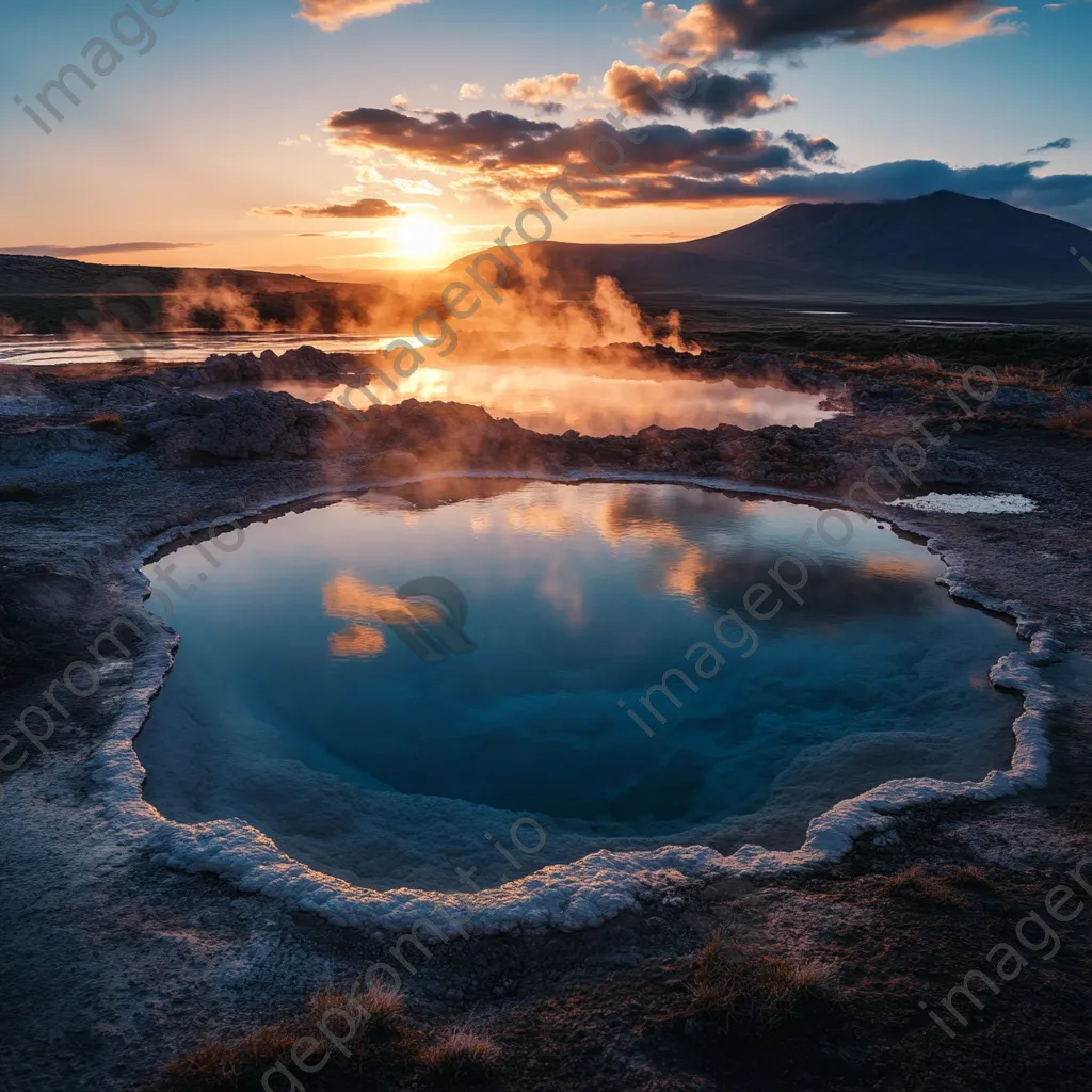 A geothermal pool at sunset reflecting warm colors with rocky formations surrounding it. - Image 4