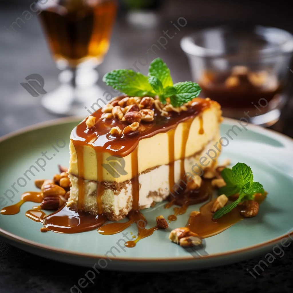 Slice of cheesecake topped with caramel and nuts - Image 1