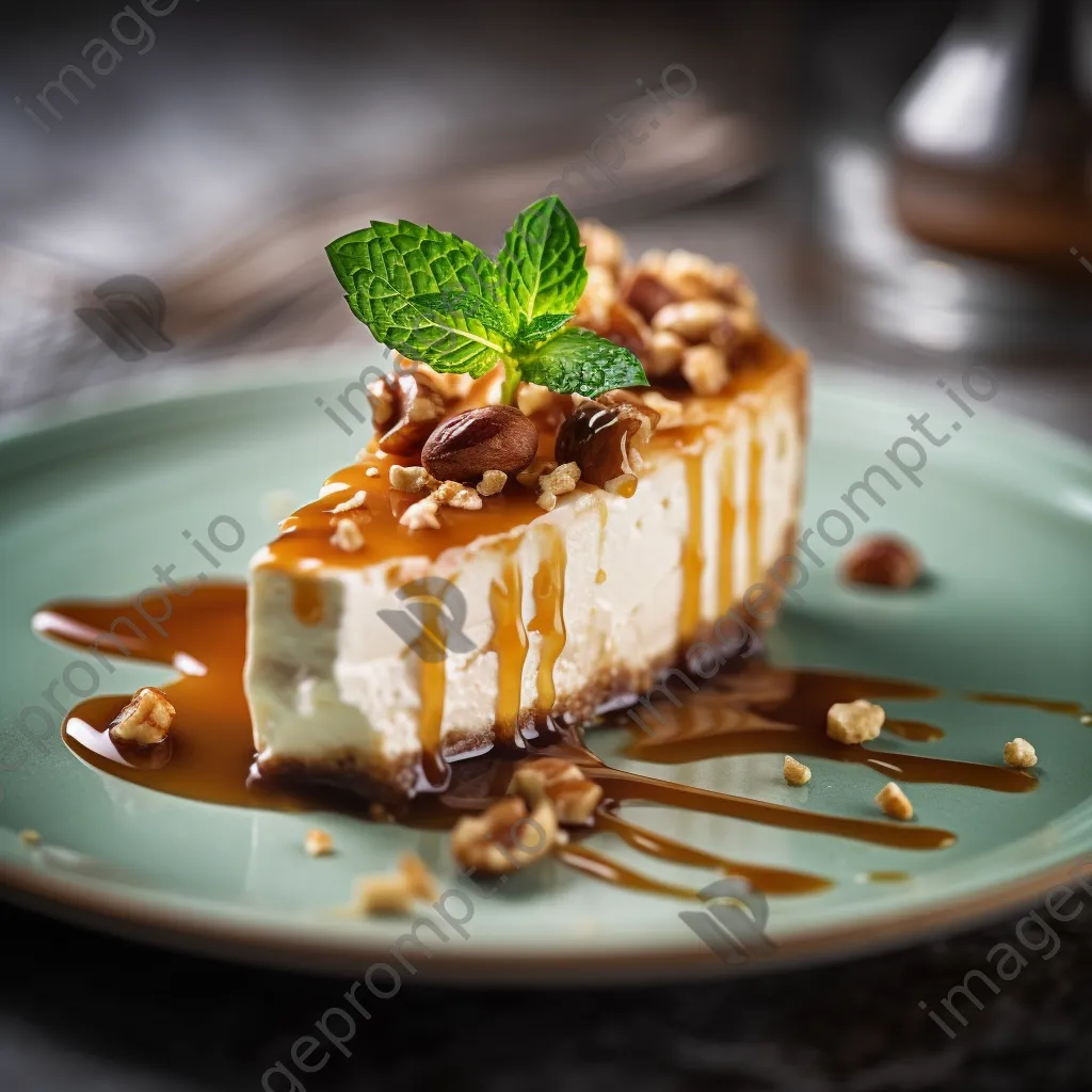 Slice of cheesecake topped with caramel and nuts - Image 2