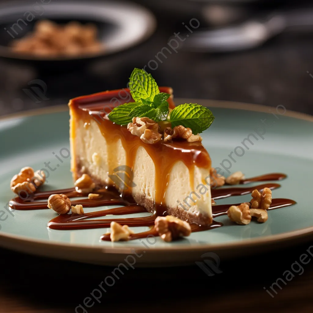 Slice of cheesecake topped with caramel and nuts - Image 3