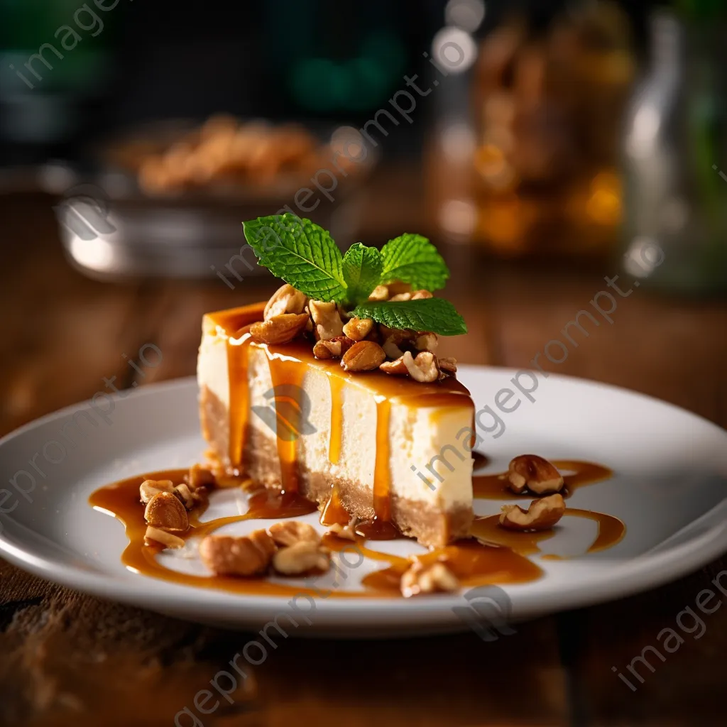 Slice of cheesecake topped with caramel and nuts - Image 4