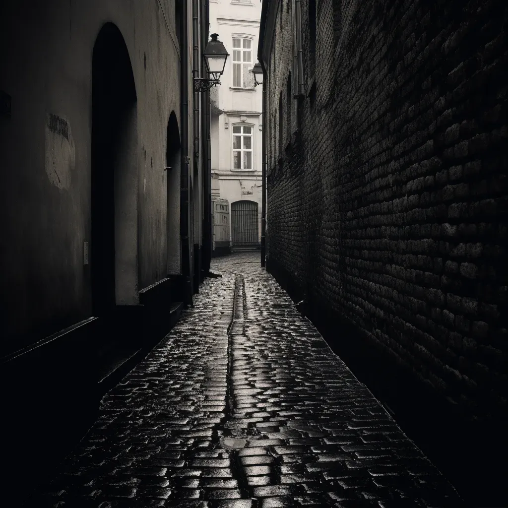 Gloomy alleyway in old town in black and white - Image 1