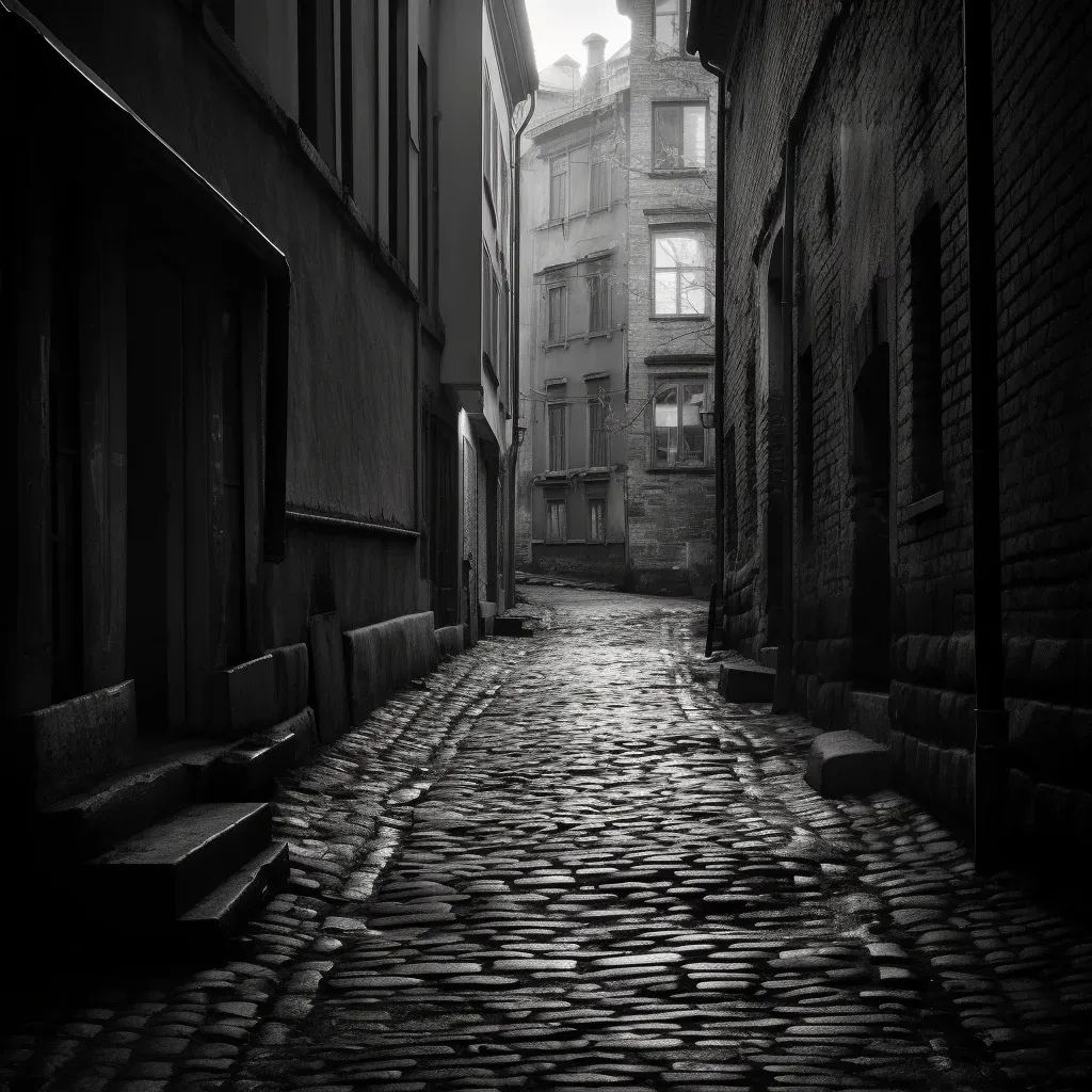 Gloomy alleyway in old town in black and white - Image 2